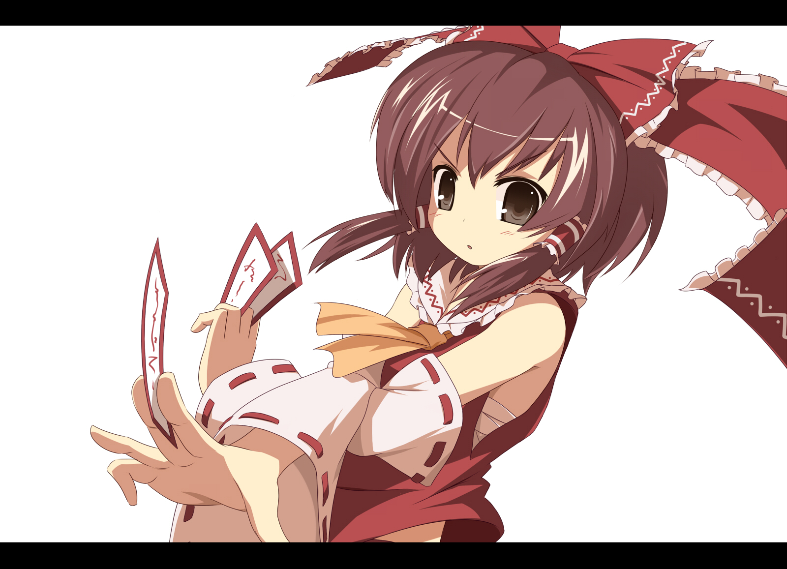 miko machi, hakurei reimu, imperishable night, touhou, highres, 1girl, bow, brown eyes, brown hair, detached sleeves, female focus, hair bow, japanese clothes, letterboxed, miko, ofuda, sarashi, simple background, solo, upper body, white background