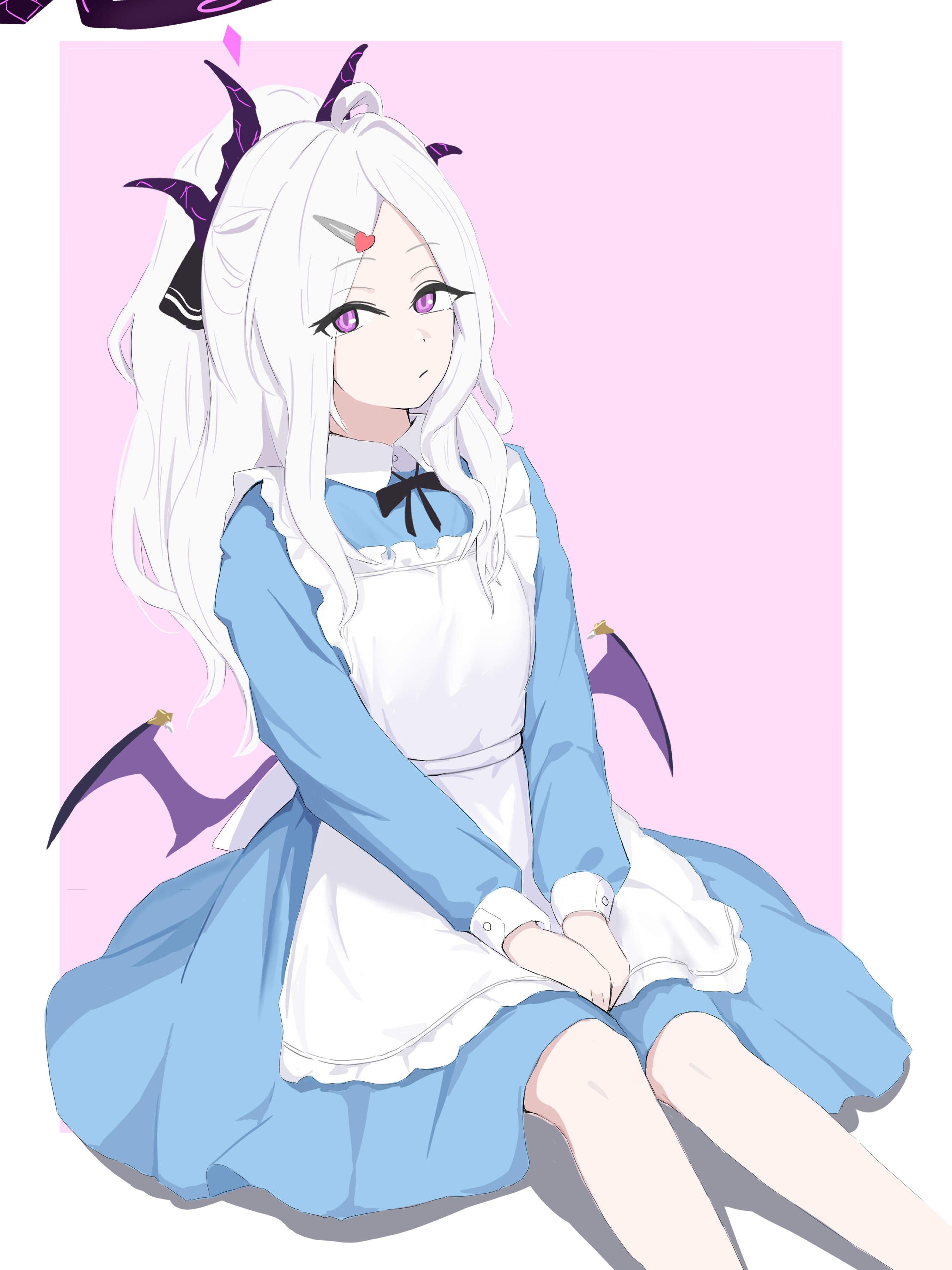 hina (blue archive), blue archive, absurdres, highres, 1girl, ahoge, apron, black halo, blush, breasts, demon girl, demon horns, demon wings, halo, horns, kwiiwk1, long hair, looking at viewer, low wings, maid, maid apron, purple eyes, simple background, sitting, small breasts, solo, white hair, wings