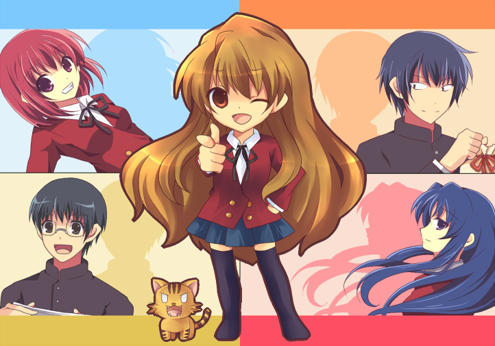 hanahubuki1991, aisaka taiga, kawashima ami, kitamura yuusaku, kushieda minori, palmtop tiger, takasu ryuuji, toradora!, 00s, 2boys, 3girls, chibi, finger gun, gakuran, multiple boys, multiple girls, one eye closed, pointing, school uniform, thighhighs, tiger, wink