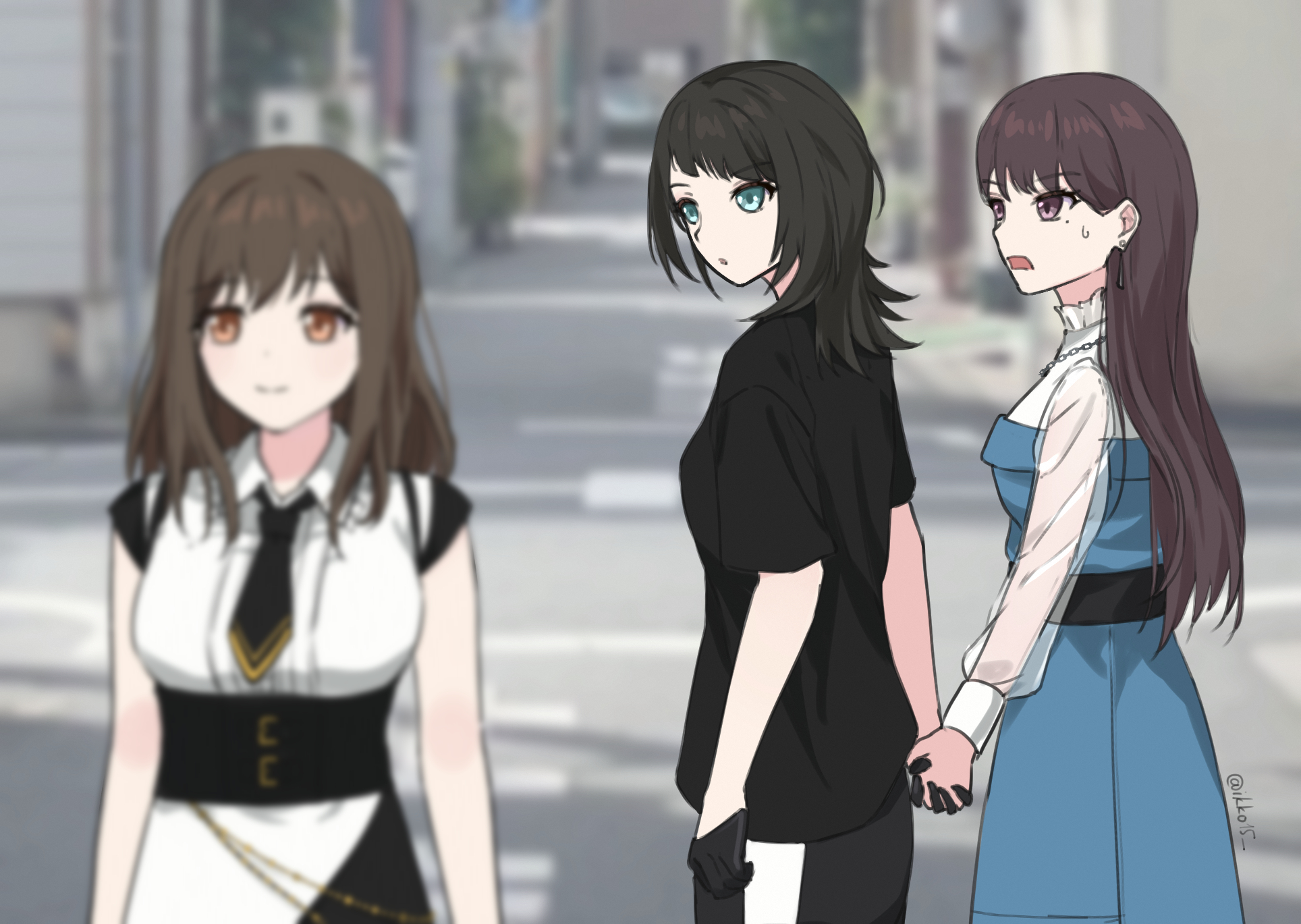ikko15, shiina taki, sumita mana, timoris (bang dream!), yahata umiri, bang dream!, bang dream! it's mygo!!!!!, commentary, hashtag-only commentary, highres, 3girls, black gloves, black hair, black shirt, blue dress, blue eyes, breasts, brown eyes, brown hair, distracted boyfriend (meme), dress, gloves, holding hands, interlocked fingers, long hair, medium breasts, medium hair, meme, multiple girls, open mouth, purple eyes, shirt, sumimi (bang dream!), sweatdrop, yuri