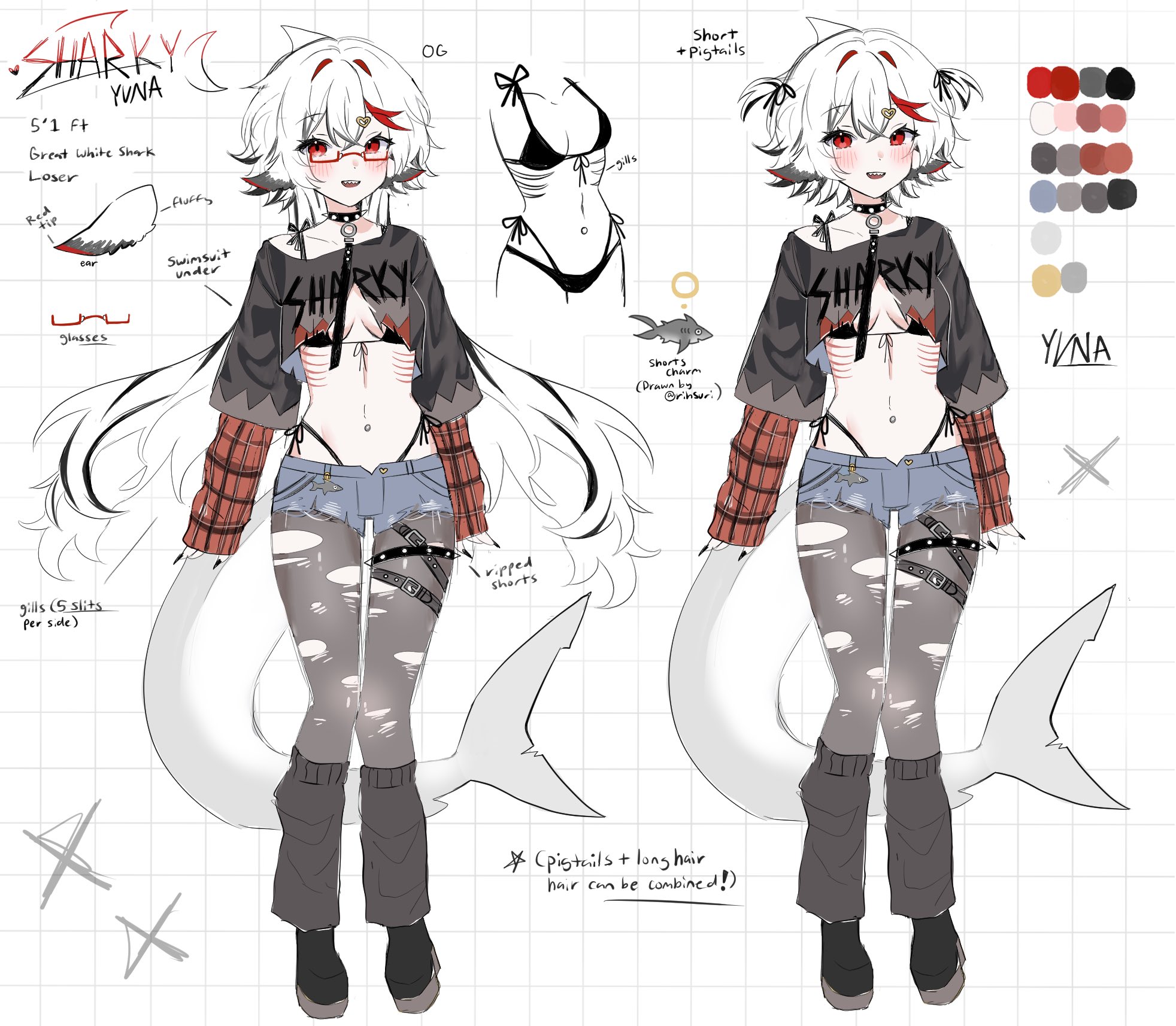 furuca, sharkyyuna, indie virtual youtuber, commentary, english commentary, highres, 1girl, animal ears, bespectacled, bikini, black bikini, black choker, black nails, black shoes, blue shorts, blush, breasts, choker, clothes writing, crossed bangs, double-parted bangs, fingernails, fins, fish tail, full body, gills, glasses, grey leg warmers, grey pantyhose, grey shirt, hair between eyes, layered sleeves, leg warmers, long fingernails, long hair, long sleeves, looking at viewer, multicolored hair, multiple views, navel, open mouth, pantyhose, red eyes, red streaks, reference sheet, shark girl, shark tail, sharkyyuna (vtuber), shirt, shoes, short over long sleeves, short shorts, short sleeves, shorts, side-tie bikini bottom, small breasts, smile, spiked choker, spikes, stomach, streaked hair, swimsuit, tail, torn clothes, torn pantyhose, two side up, virtual youtuber, white background, white hair