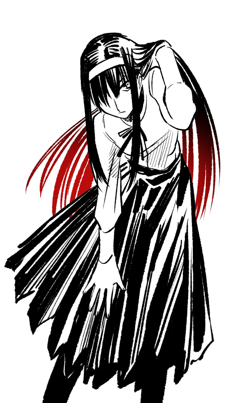 metarogu, tohno akiha, tsukihime, tsukihime (remake), 1girl, black hair, black ribbon, dress, gradient hair, hair flip, hair over one eye, hairband, long hair, long skirt, long sleeves, multicolored hair, partially colored, red hair, ribbon, shirt, sidelocks, simple background, skirt, solo, two-tone hair, white background, white hairband, white shirt