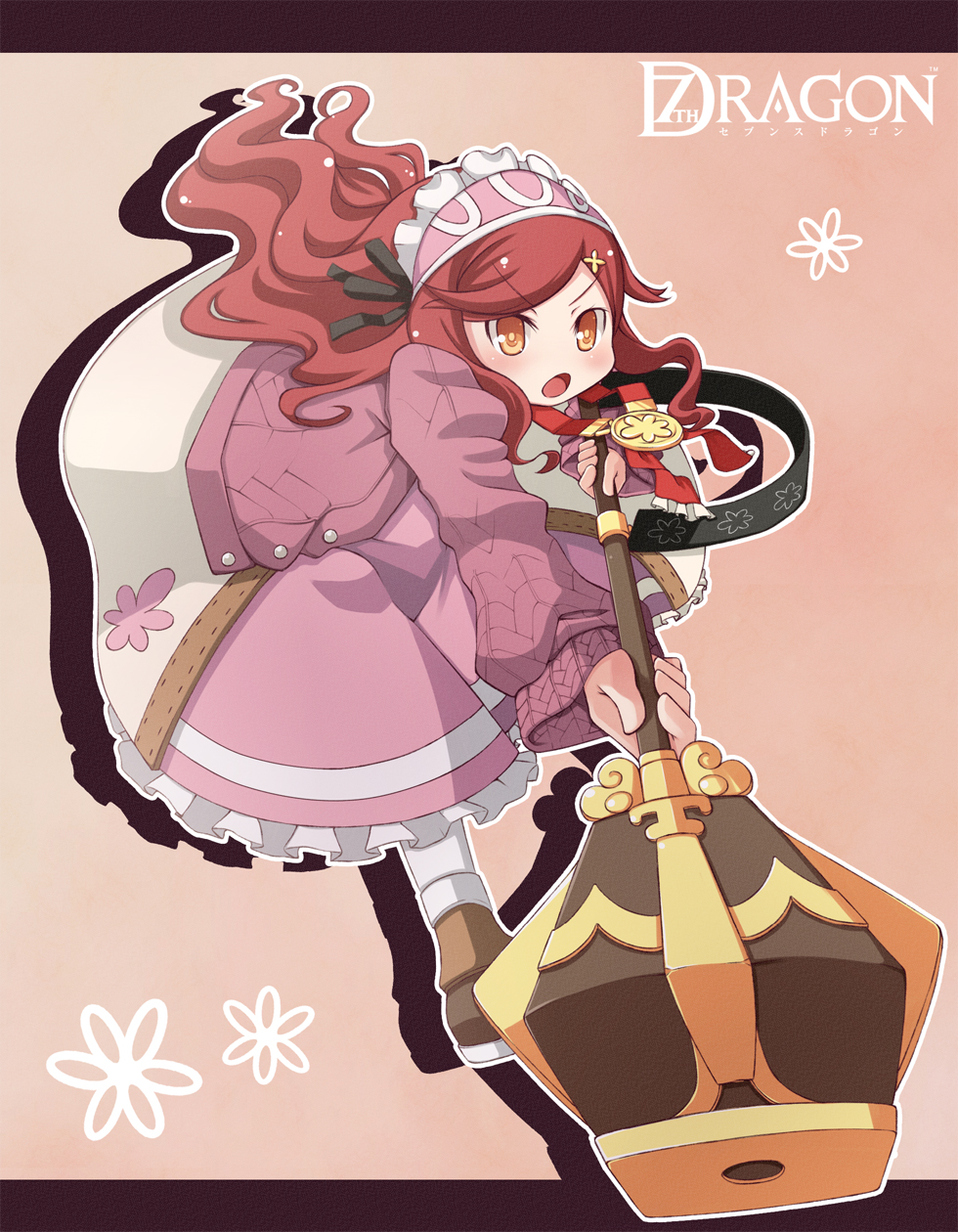 masuneko, healer (7th dragon), rosary (7th dragon), 7th dragon, 7th dragon (series), bad id, bad pixiv id, highres, 1girl, female focus, mace, orange eyes, red hair, solo, weapon
