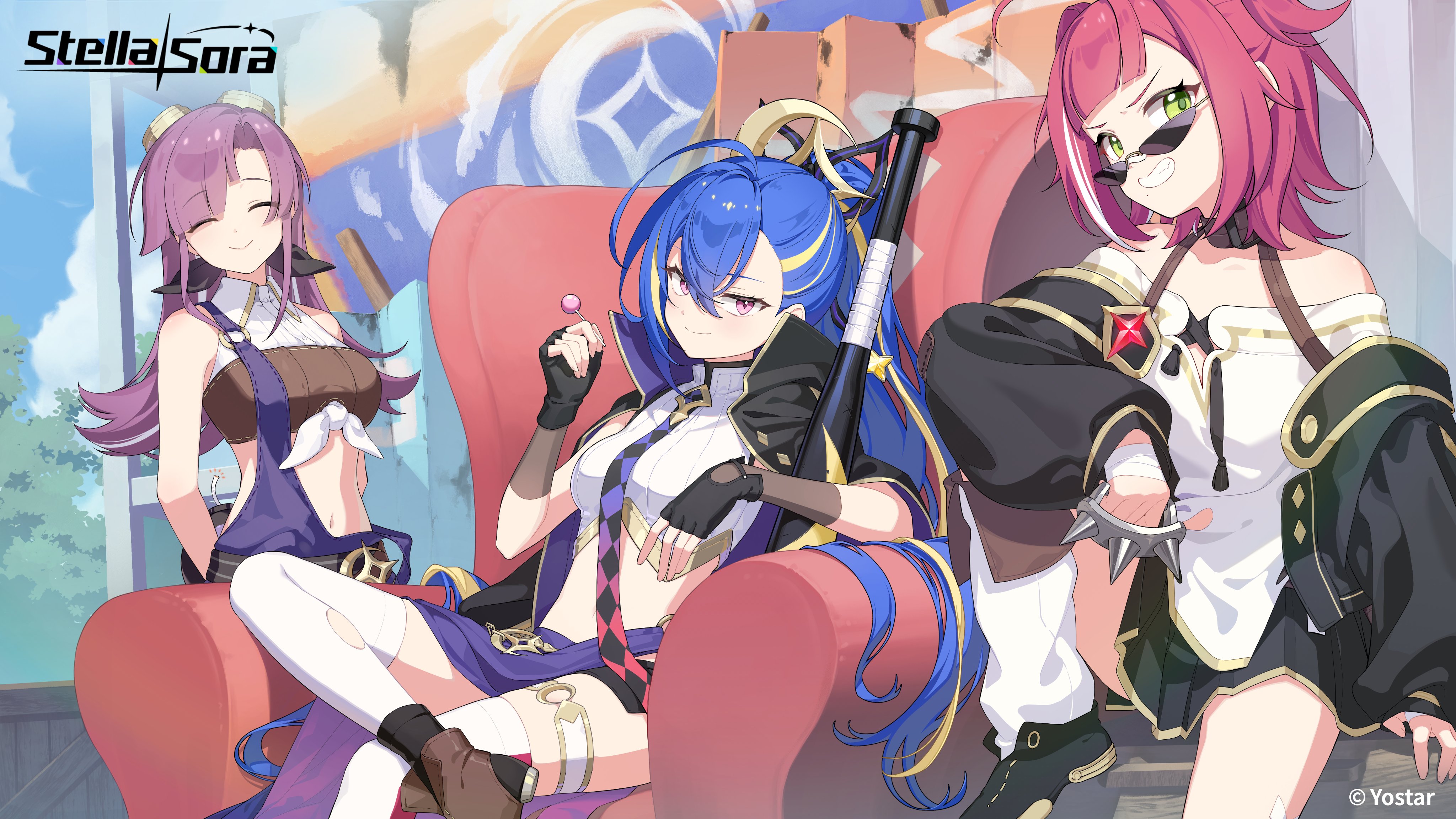 minova (stella sora), vollara (stella sora), stella sora, absurdres, commentary, english commentary, highres, official art, 3girls, ^ ^, arms behind back, ashwind clan (stella sora), bandeau, bare shoulders, baseball bat, black gloves, black jacket, black shorts, blonde hair, blue hair, blue necktie, breasts, brown bandeau, chair, closed eyes, closed mouth, couch, crop top, feet on chair, figure four sitting, fingerless gloves, gloves, gradient necktie, green eyes, grin, half-skirt, jacket, long skirt, long sleeves, medium breasts, medium hair, multicolored hair, multiple girls, navel, necktie, neuvira (stella sora), off-shoulder shirt, off shoulder, on couch, open clothes, open jacket, outdoors, puffy long sleeves, puffy sleeves, purple eyes, purple hair, purple skirt, red hair, red necktie, shirt, shorts, sitting, skirt, smile, stomach, streaked hair, sunglasses, tied shirt, white shirt