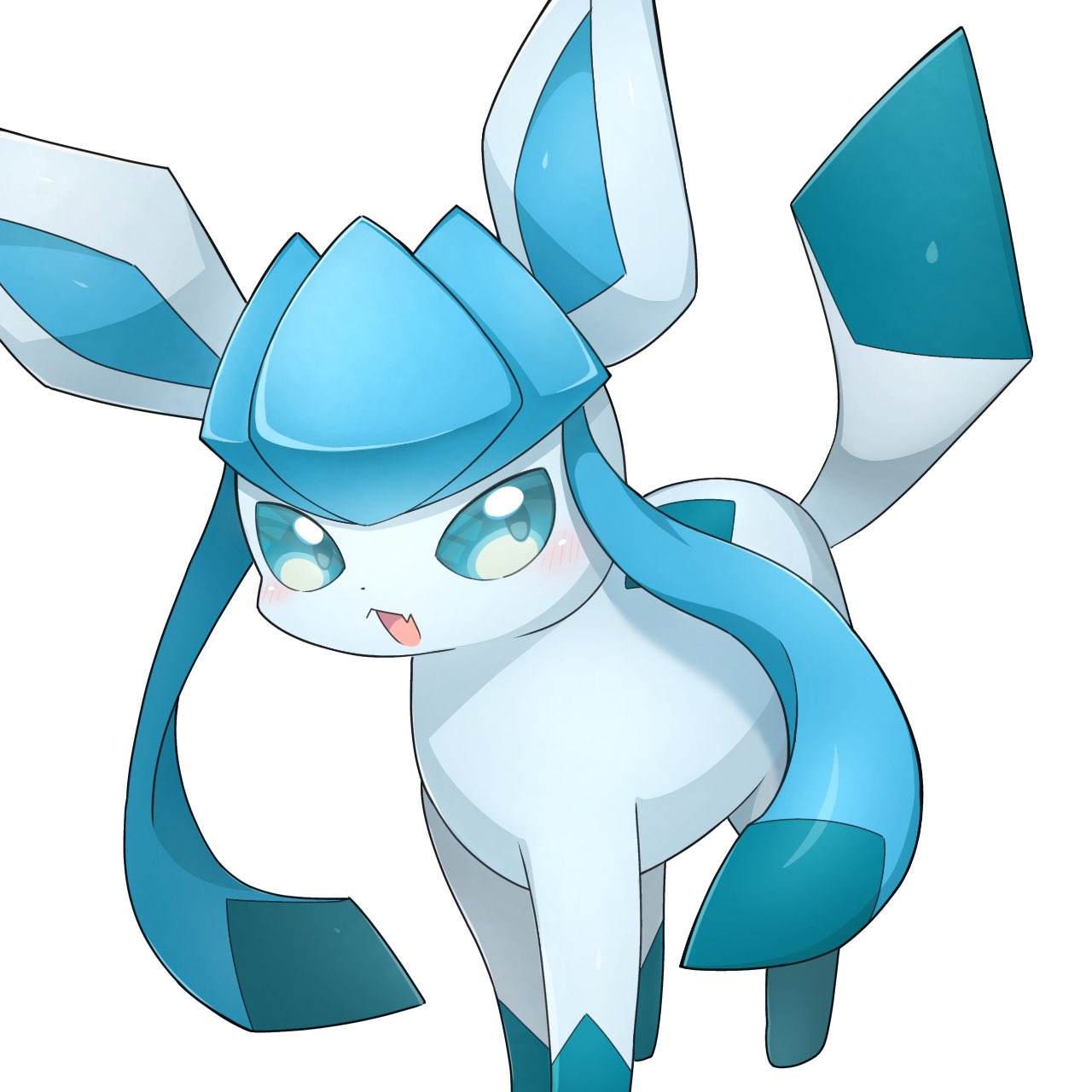 cosmos3572, glaceon, nintendo, pokemon, highres, animal focus, blue eyes, blue fur, blue sclera, blush, colored sclera, fang, gen 4 pokemon, looking at viewer, no humans, open mouth, pokemon (creature), pokemon focus, simple background, skin fang, smile, tail, white background