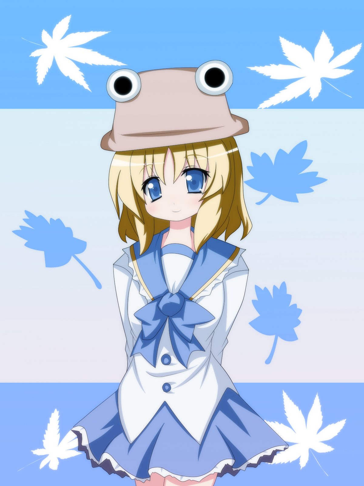 oborotsuki kakeru, moriya suwako, touhou, highres, 1girl, alternate costume, female focus, gradient background, hat, plant, school uniform, skirt, solo