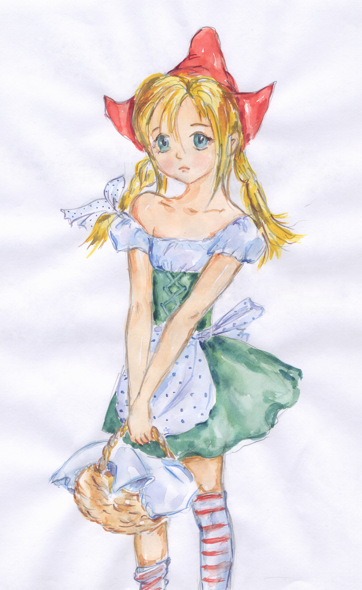 robingi, original, highres, basket, blonde hair, braid, maid, solo, twin braids