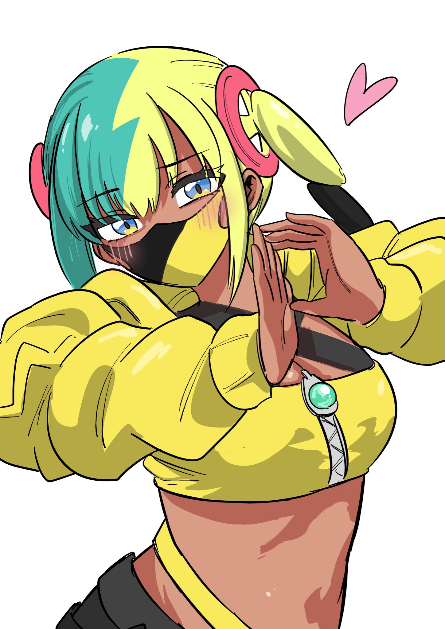 canari (pokemon), nintendo, pokemon, pokemon legends: z-a, highres, 1girl, aqua hair, bandeau, black mask, blonde hair, blue eyes, blush, breasts, center-flap bangs, cleavage, criss-cross halter, crop top, cropped jacket, curly sidelocks, fake hair bun, halterneck, heart, jacket, maki (mahounoki18), mask, mask pull, mega ring, mega stone, midriff, mouth mask, multicolored hair, navel, pants, short twintails, simple background, solo, split-color hair, spoken heart, twintails, two-tone hair, two-tone mask, white background, yellow bandeau, yellow jacket, yellow mask, zipper