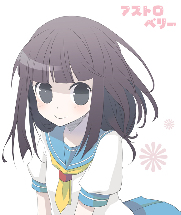yuzuki gao, copyright request, black eyes, blush, brown hair, long hair, school uniform, smile