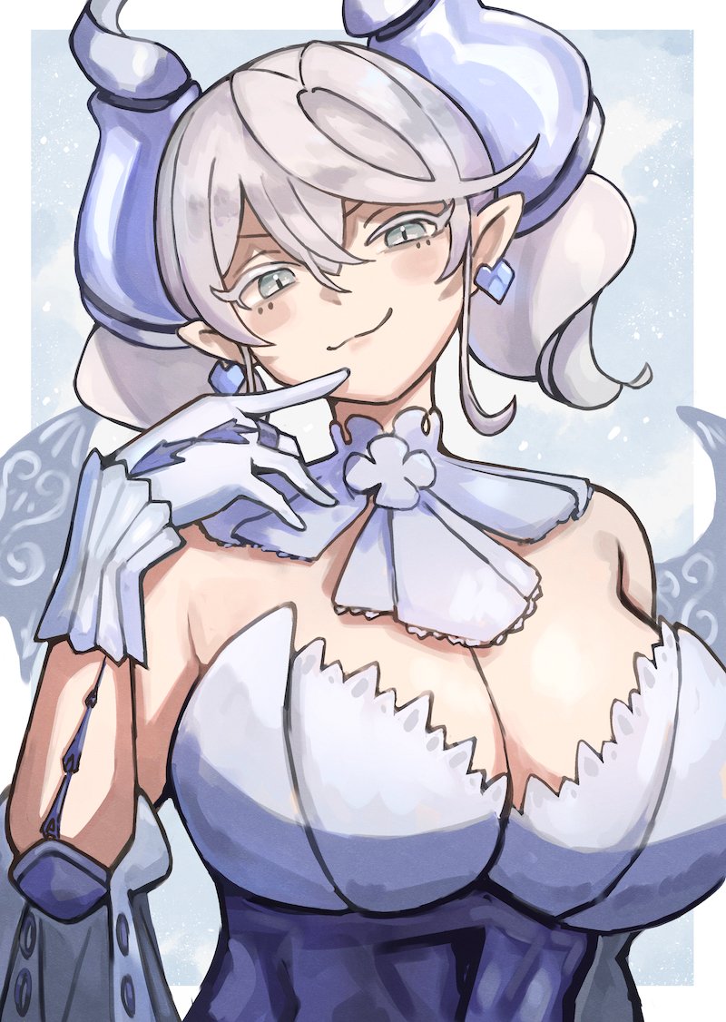 ishii (young-moon), lovely labrynth of the silver castle, yu-gi-oh!, 1girl, breasts, cleavage, closed mouth, demon girl, demon horns, demon wings, detached collar, dress, drill hair, duel monster, earrings, gloves, grey eyes, grey hair, hair between eyes, horns, jewelry, large breasts, looking at viewer, pointy ears, smile, solo, strapless, strapless dress, transparent wings, twin drills, upper body, white gloves, wings