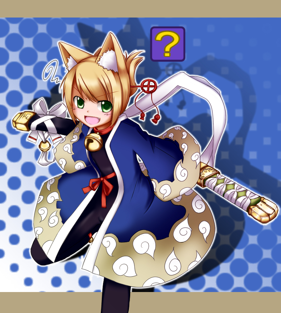 masu shu, namuna (7th dragon), samurai (7th dragon), 7th dragon, 7th dragon (series), 1girl, ?, animal ears, bell, blonde hair, confused, fang, female focus, green eyes, solo, sword, weapon