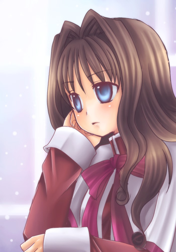 minatsuki izumi, misaka kaori, kanon, bad id, bad pixiv id, lowres, blue eyes, brown hair, long hair, school uniform, snow, solo