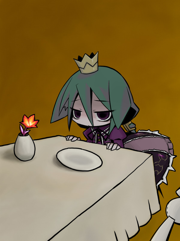 kawachi yamato, momomeno (7th dragon), princess (7th dragon), 7th dragon, 7th dragon (series), i asked for scrambled, 1girl, animal ears, crown, female focus, fine art parody, floro (7th dragon), flower, hungry, parody, solo, stuffed animal, stuffed toy, table, vase