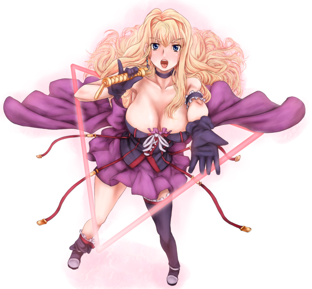 scharfschutze, sheryl nome, macross, macross frontier, 00s, blonde hair, blue eyes, blush, breasts, choker, cleavage, collarbone, dress, from above, gloves, large breasts, legs, long hair, microphone, solo, thighhighs