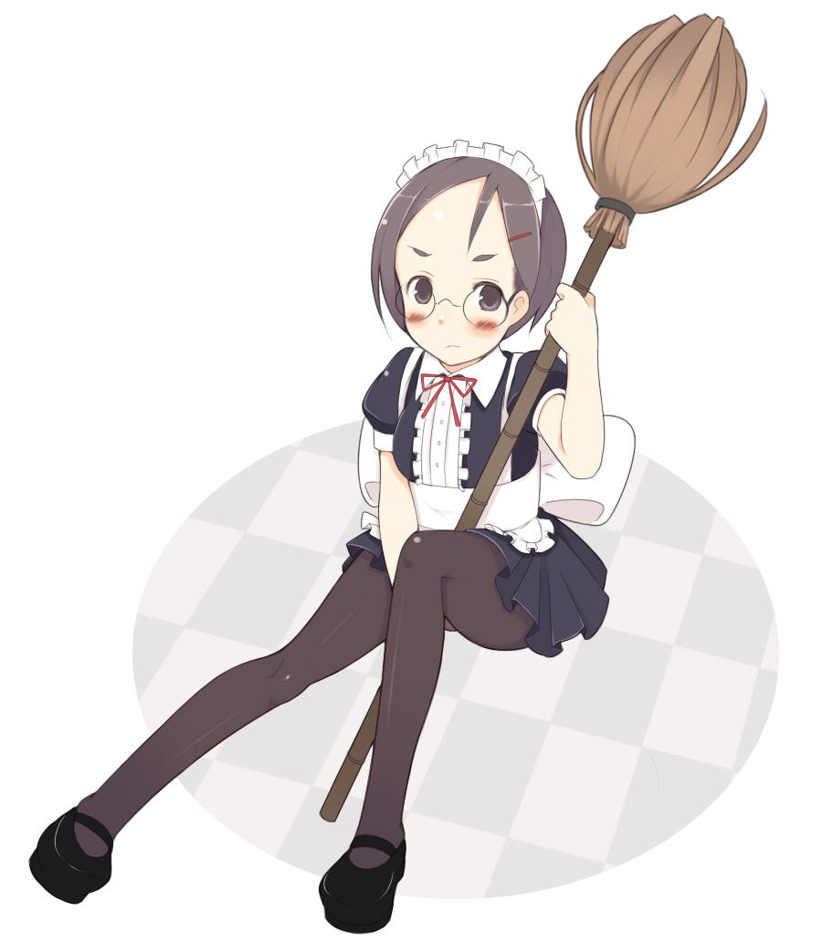 oza watto, blush, broom, brown hair, forehead, glasses, hair ornament, hairclip, maid, pantyhose, short hair, sitting, skirt, solo