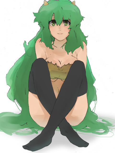 pu-chin, lum, urusei yatsura, bottomless, breasts, cone horns, feet, green eyes, green hair, horns, large breasts, long hair, sitting, small horns, smile, solo, thighhighs, very long hair