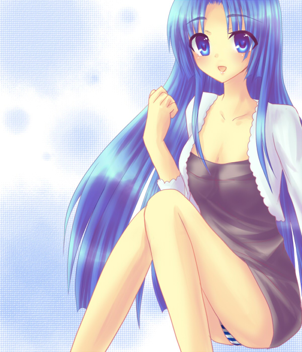 mizuno yun, asakura ryoko, suzumiya haruhi no yuuutsu, bad id, bad pixiv id, 00s, blue eyes, blue hair, casual, long hair, panties, solo, striped clothes, striped panties, underwear