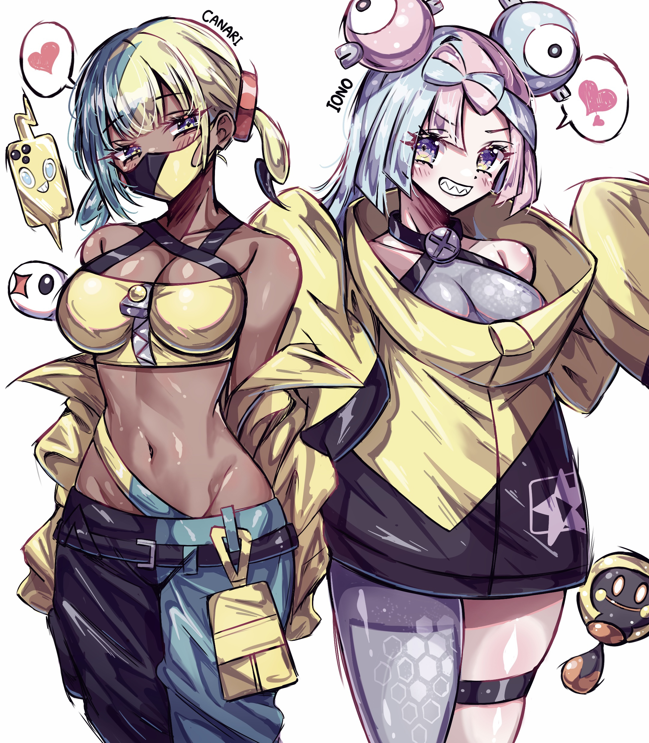 usa (usagi minku), canari (pokemon), iono (pokemon), nintendo, pokemon, pokemon legends: z-a, absurdres, highres, 2girls, dark-skinned female, dark skin, mask, mouth mask, multicolored hair, multiple girls, two-tone hair