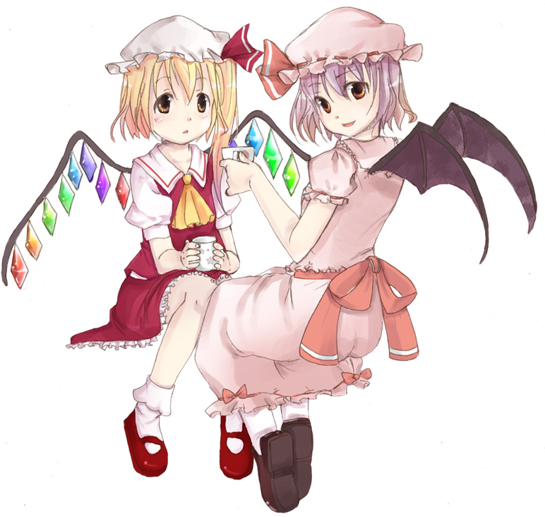 joy (jojoliko), joy (pixiv152219), flandre scarlet, remilia scarlet, touhou, 2girls, bat wings, blonde hair, blush, female focus, hat, multiple girls, purple hair, short hair, siblings, simple background, sisters, smile, socks, tea, white background, wings, yellow eyes