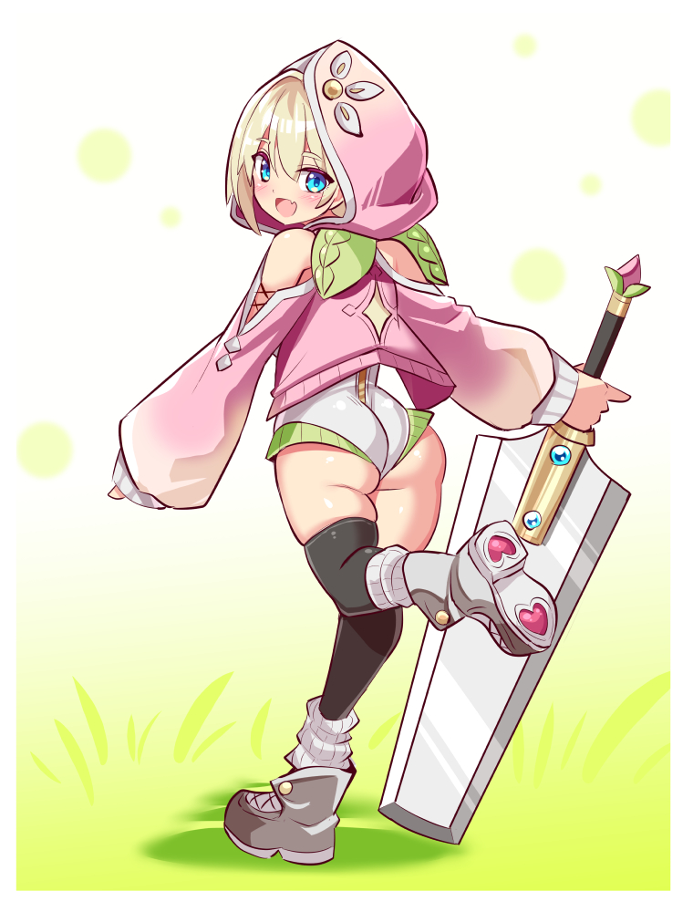 cougar (cougar1404), original, 1girl, ass, bare shoulders, blonde hair, blue eyes, blush, boots, from behind, greatsword, hood, leotard, looking at viewer, looking back, open mouth, short hair, smile, solo, sword, thighhighs, weapon