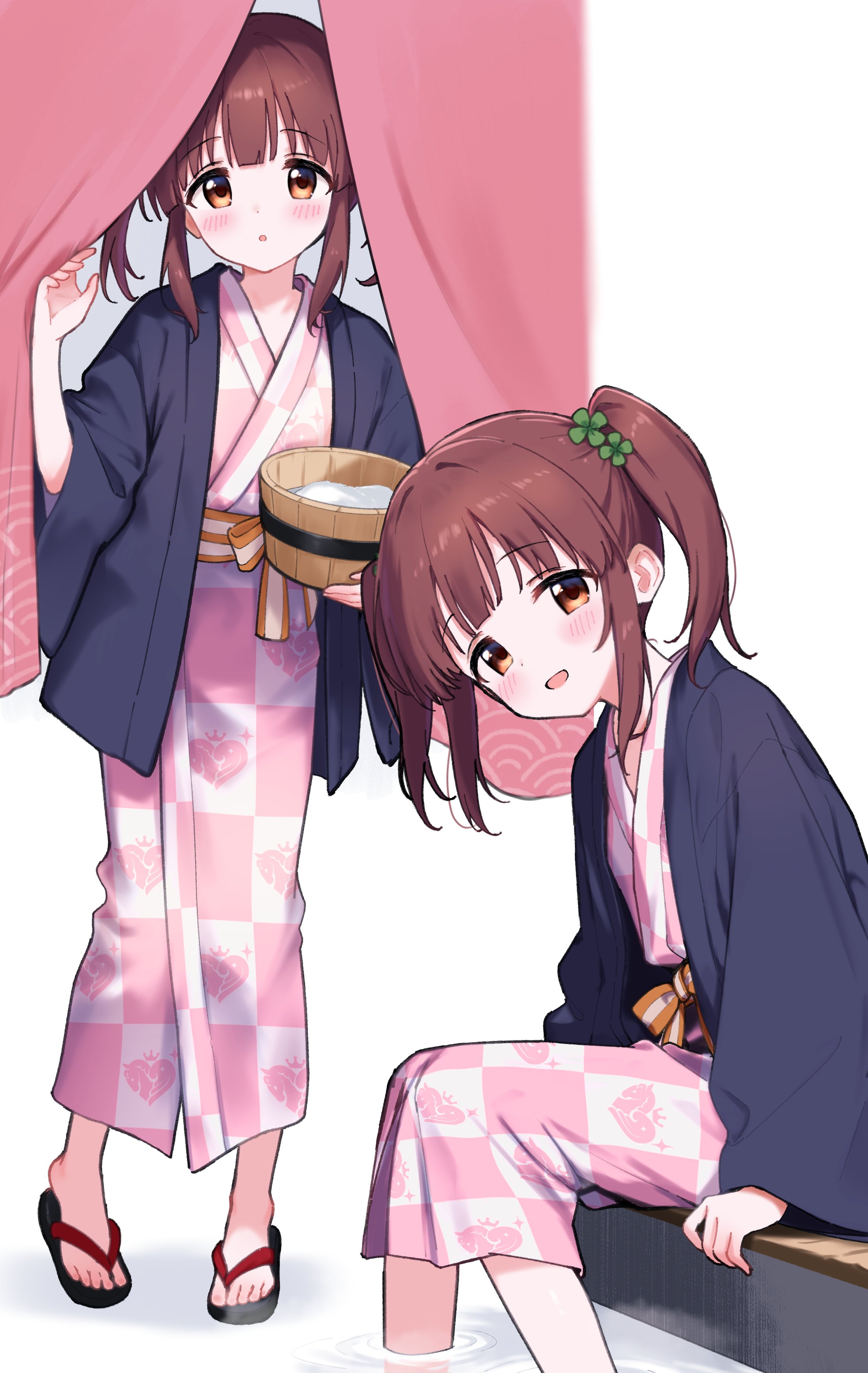 jia wenyuan, ogata chieri, idolmaster, idolmaster cinderella girls, absurdres, commentary, highres, symbol-only commentary, 1girl, bath yukata, blue haori, bucket, clover hair ornament, hair ornament, haori, holding, holding bucket, japanese clothes, kimono, long sleeves, looking at viewer, medium hair, multiple views, open mouth, orange eyes, pink kimono, red hair, sandals, sidelocks, sitting, smile, soaking feet, twintails, wide sleeves, wooden bucket, yukata, zouri