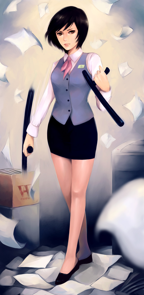 itori (clarice note), original, bad id, bad pixiv id, highres, 1girl, black hair, brown eyes, female focus, flying paper, legs, lips, office lady, paper, pencil skirt, short hair, skirt, solo, tonfa, vest, weapon