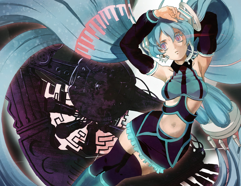 umishima senbon, hatsune miku, vocaloid, bad id, bad pixiv id, armpits, blue hair, detached sleeves, long hair, midriff, solo, thighhighs, twintails, very long hair, zettai ryouiki