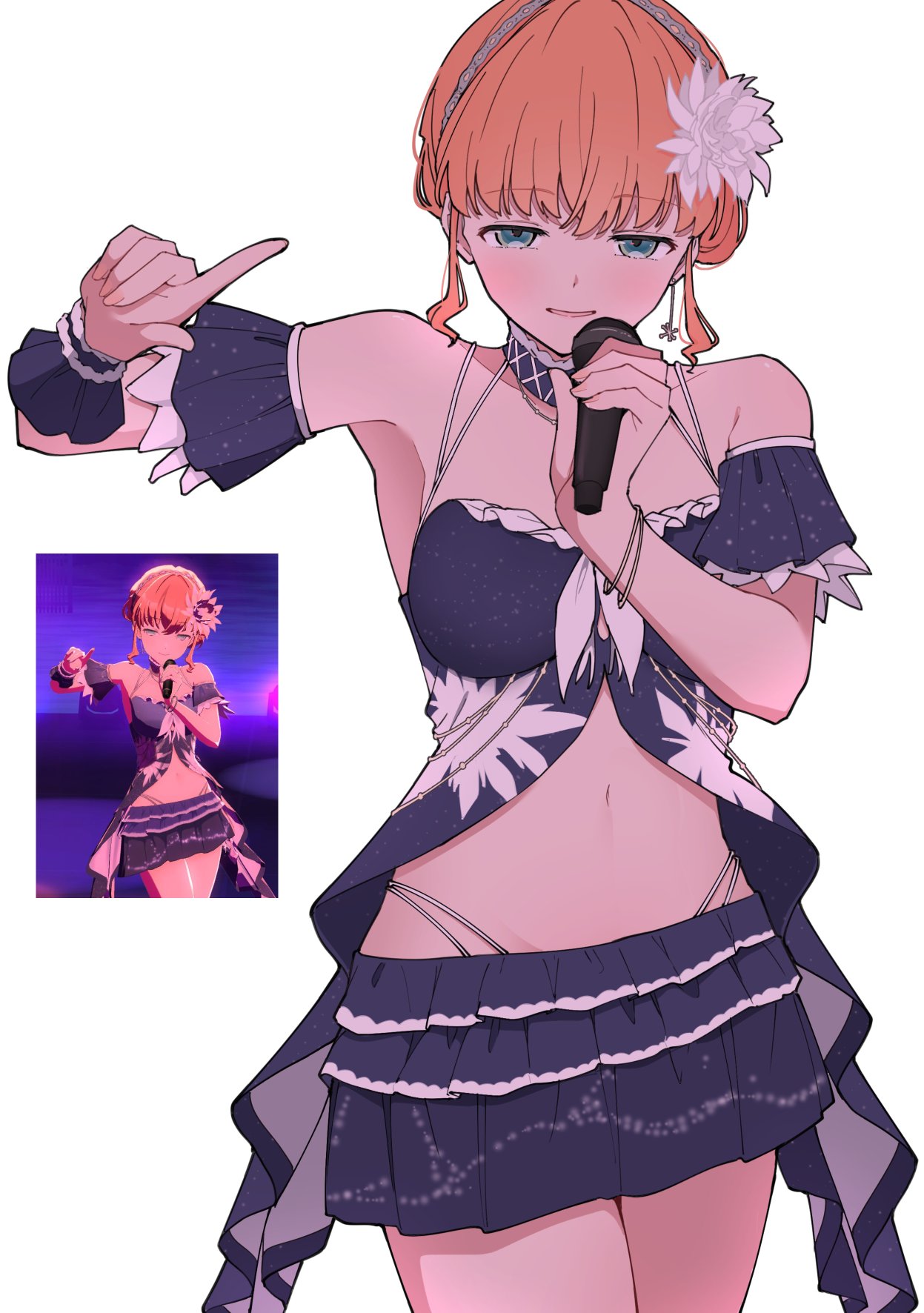 liz (piyoko piyop), hinoshita kaho, link! like! love live!, love live!, commentary request, highres, making-of available, 1girl, aqua eyes, atarayo hanabi, bikini, bikini skirt, blue bikini, breasts, cowboy shot, double bun, flower, game screenshot inset, grin, hair bun, hair flower, hair ornament, half-closed eyes, holding, holding microphone, index finger raised, looking at viewer, medium breasts, microphone, monochrome, multi-strapped bikini bottom, multi-strapped bikini top, navel, official alternate costume, orange hair, parted lips, reference inset, short hair, sidelocks, sketch, smile, solo, stomach, swimsuit, virtual youtuber, white flower