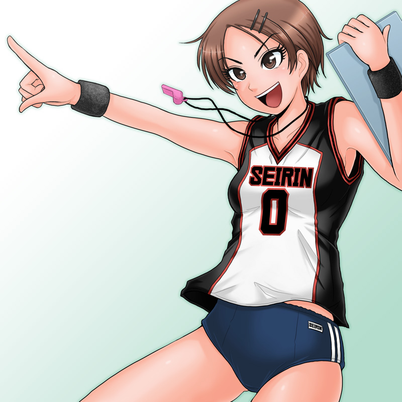 hamu agaki, aida riko, kuroko no basuke, 1girl, basketball, basketball uniform, brown eyes, brown hair, buruma, clothes writing, female focus, hair ornament, hairclip, short hair, solo, sportswear, tomboy, whistle, wristband