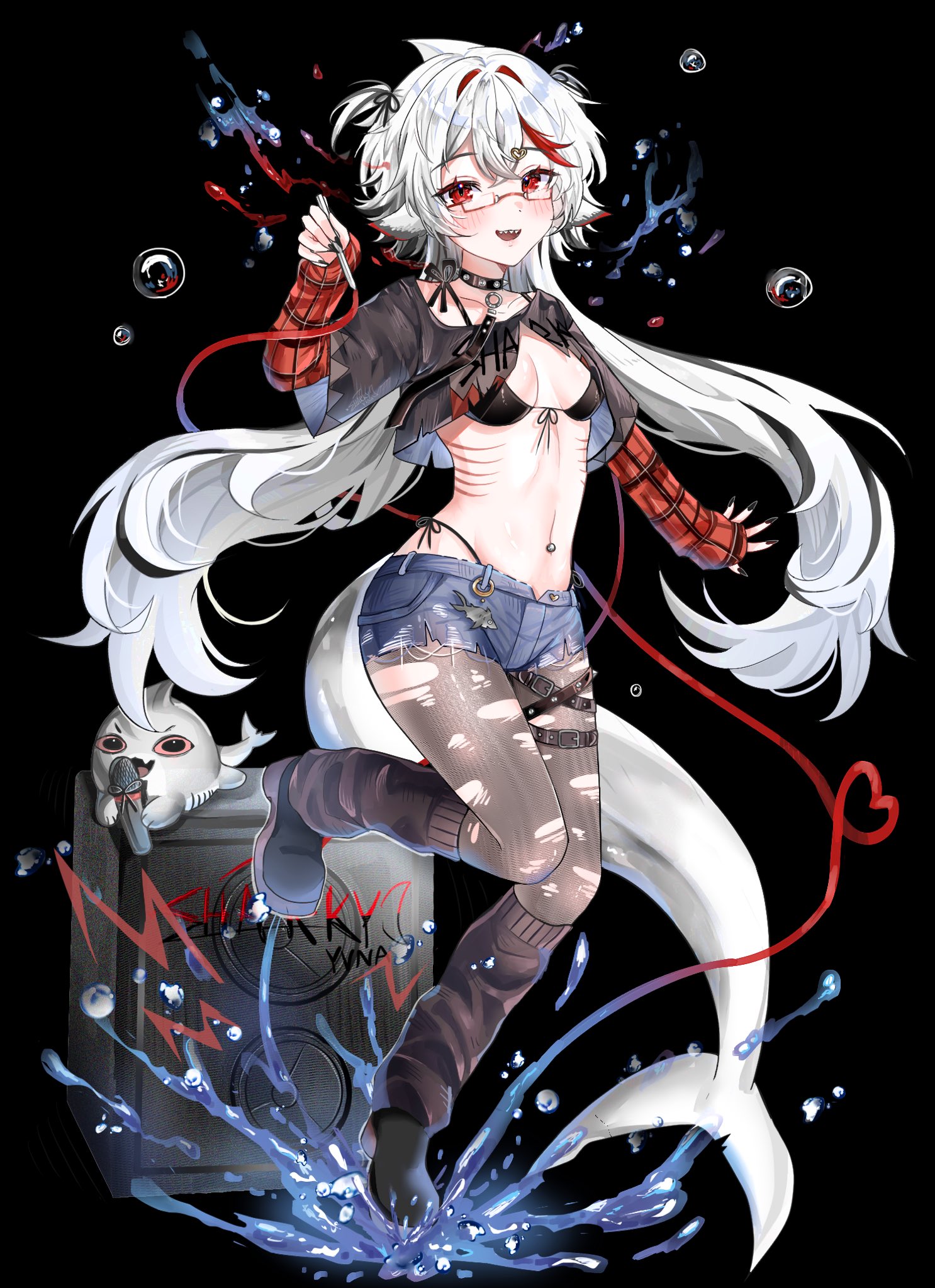 sharkyyuna, indie virtual youtuber, commentary, english commentary, highres, 1girl, bespectacled, bikini, black background, black bikini, black leg warmers, black nails, black shirt, black shoes, blue shorts, breasts, cropped shirt, crossed bangs, double-parted bangs, fins, fish tail, full body, gills, glasses, grey pantyhose, heart, holding, layered sleeves, leg warmers, long hair, long sleeves, looking at viewer, multicolored hair, navel, navel piercing, open mouth, pantyhose, piercing, rectangular eyewear, red eyes, red streaks, shark girl, shark tail, sharkyyuna (vtuber), shirt, shoes, short over long sleeves, short shorts, short sleeves, shorts, small breasts, smile, solo, speaker, stomach, streaked hair, swimsuit, tail, torn clothes, torn pantyhose, two side up, virtual youtuber, water, white hair