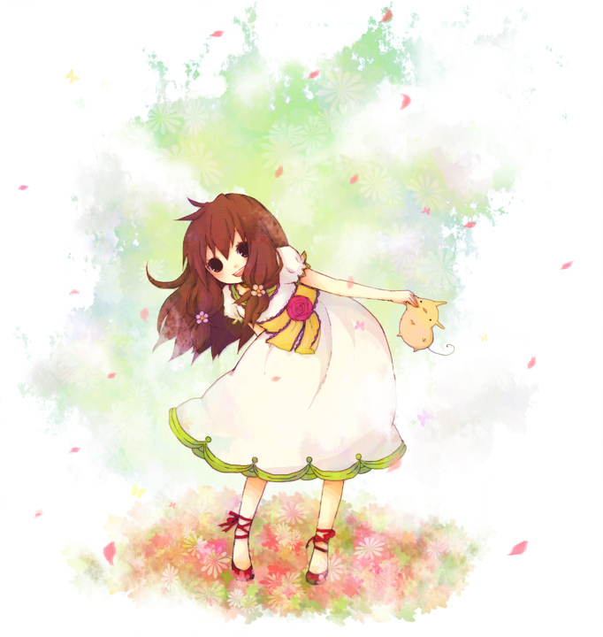 1st-mn, tsubomi-chan, blush, brown hair, dress, flower, happy, petals, solo