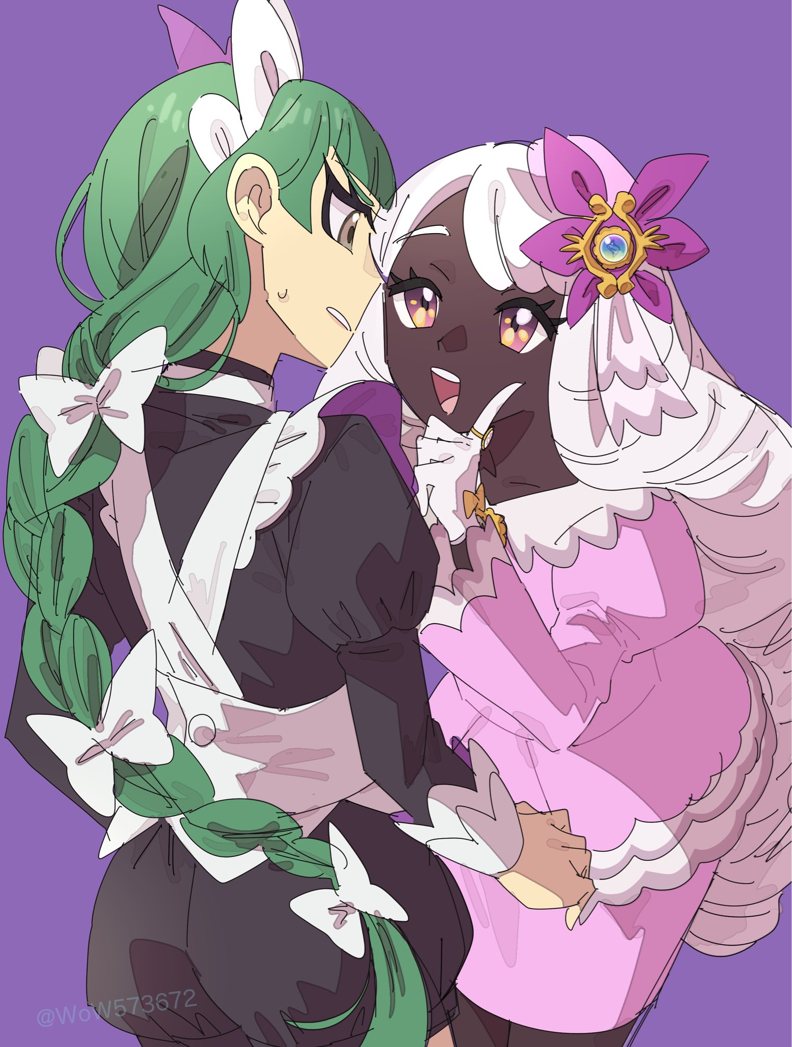jacinthe (pokemon), lebanne (pokemon), nintendo, pokemon, pokemon legends: z-a, highres, 2girls, apron, black dress, bow, braid, braided ponytail, cowboy shot, dark-skinned female, dark skin, dress, fascinator, gloves, gold ring, green hair, hair bow, hair ornament, hand up, juliet sleeves, long braid, long hair, long sleeves, low drills, maid apron, maid headdress, mega stone, multiple girls, multiple hair bows, nervous, open mouth, parted lips, puffy sleeves, purple dress, purple eyes, purple hair, short dress, single braid, smile, sweatdrop, teeth, upper teeth only, very dark skin, w o w573672, white bow, white gloves