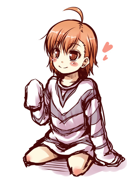 kouji (campus life), last order (toaru majutsu no index), toaru majutsu no index, 00s, ahoge, blush, brown eyes, brown hair, heart, kneeling, oversized clothes, short hair, smile, solo