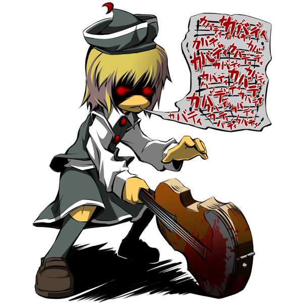 noya makoto, lunasa prismriver, touhou, 1girl, blonde hair, blood, crazy, female focus, hat, instrument, kneehighs, red eyes, short hair, socks, solo, violin