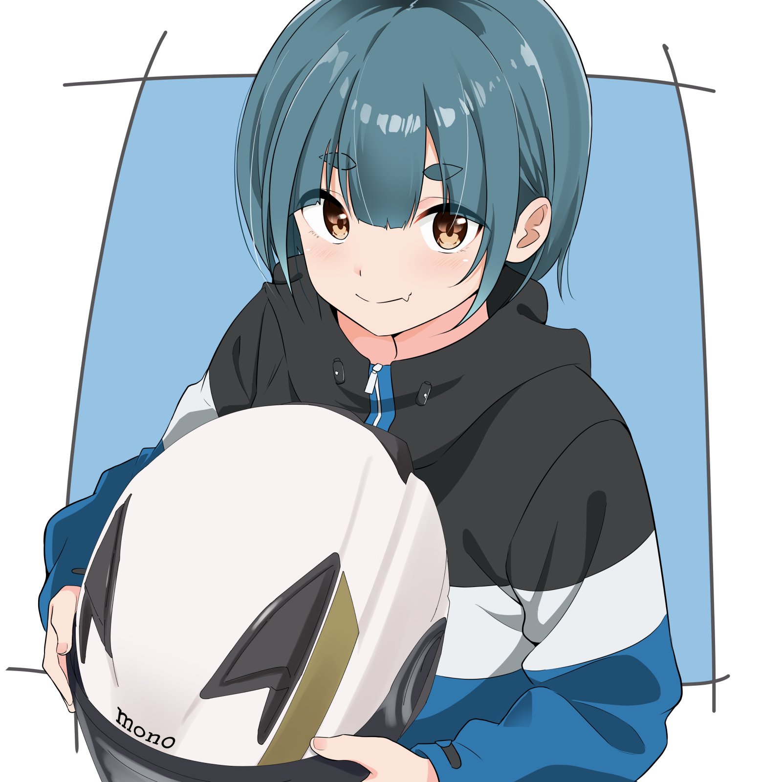 azumawari (azumofu), komada kako, mono (afro), commentary request, highres, 1girl, alternate hairstyle, blue hair, brown eyes, closed mouth, fang, helmet, holding, holding unworn helmet, jacket, long sleeves, looking at viewer, motorcycle helmet, short hair, sidelocks, skin fang, smile, solo, thick eyebrows, unworn headwear, unworn helmet