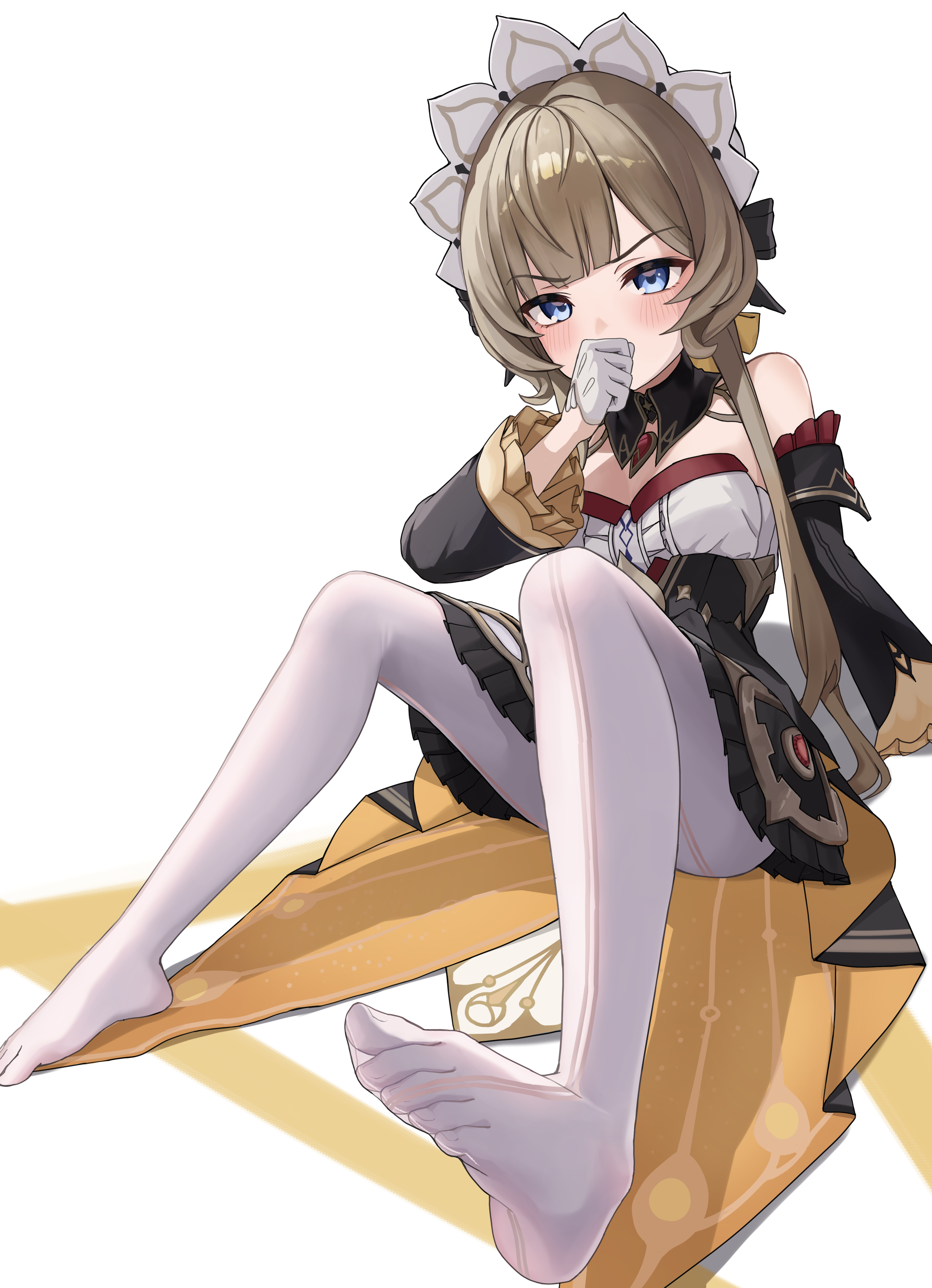 ieasty, sandrone (genshin impact), genshin impact, absurdres, highres, 1girl, black dress, blue eyes, blush, breasts, brown hair, covered mouth, detached collar, dress, frilled dress, frills, gloves, long hair, long sleeves, medium breasts, pantyhose, simple background, sitting, solo, strapless, strapless dress, white background, white gloves, white pantyhose, wide sleeves