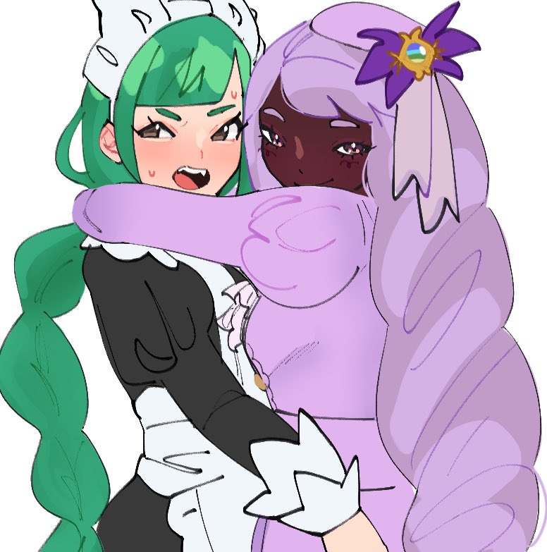yawntchi, jacinthe (pokemon), lebanne (pokemon), nintendo, pokemon, pokemon legends: z-a, 2girls, apron, arms around neck, averting eyes, black dress, blush, braid, braided ponytail, brown eyes, dark-skinned female, dark skin, dress, fascinator, green hair, hug, juliet sleeves, long hair, long sleeves, looking at viewer, low drills, maid apron, maid headdress, mega stone, multiple girls, puffy sleeves, purple dress, purple eyes, purple hair, single braid, smile, sweatdrop, very dark skin, yuri