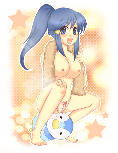 dawn (pokemon), piplup, nintendo, pokemon, lowres, breasts, breasts out, gen 4 pokemon, large breasts, nipples, panties, pokemon (creature), underwear