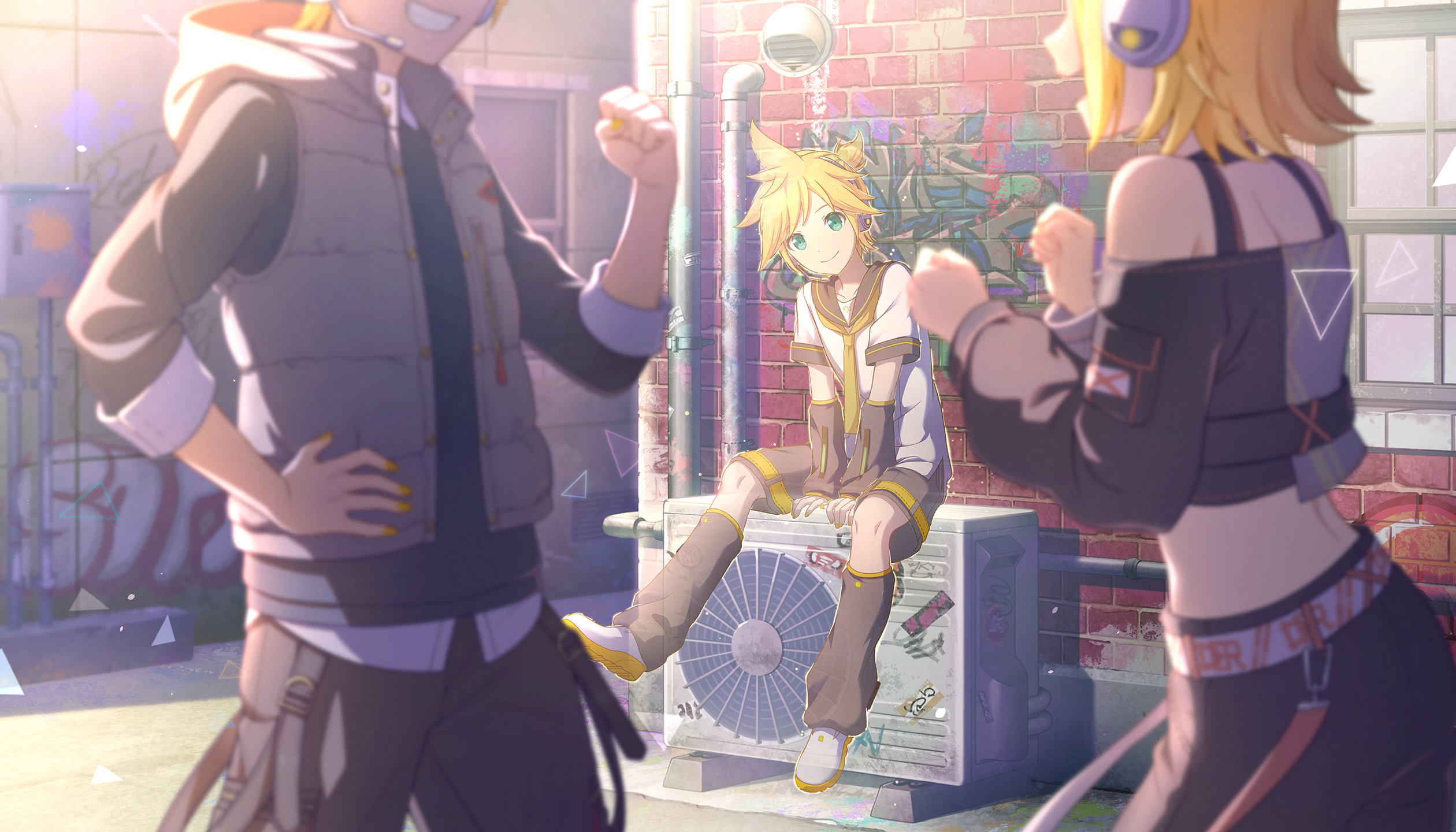 colorful palette, kagamine len, kagamine rin, vivid bad squad len, vivid bad squad rin, project sekai, vocaloid, game cg, highres, official art, third-party source, 1girl, 2boys, aqua eyes, belt, black leg warmers, black pants, black sailor collar, black shorts, black sleeves, black sweater, blonde hair, blurry, blurry foreground, closed mouth, crop top, detached sleeves, dual persona, full body, graffiti, grey vest, grin, headset, kimi to sekai no hajimari de (project sekai), leg warmers, looking at viewer, multiple boys, necktie, pants, sailor collar, shirt, shoes, shorts, sitting, sleeves past wrists, smile, spiked hair, sweater, teeth, triangle, vest, white belt, white shirt, white shoes, yellow necktie