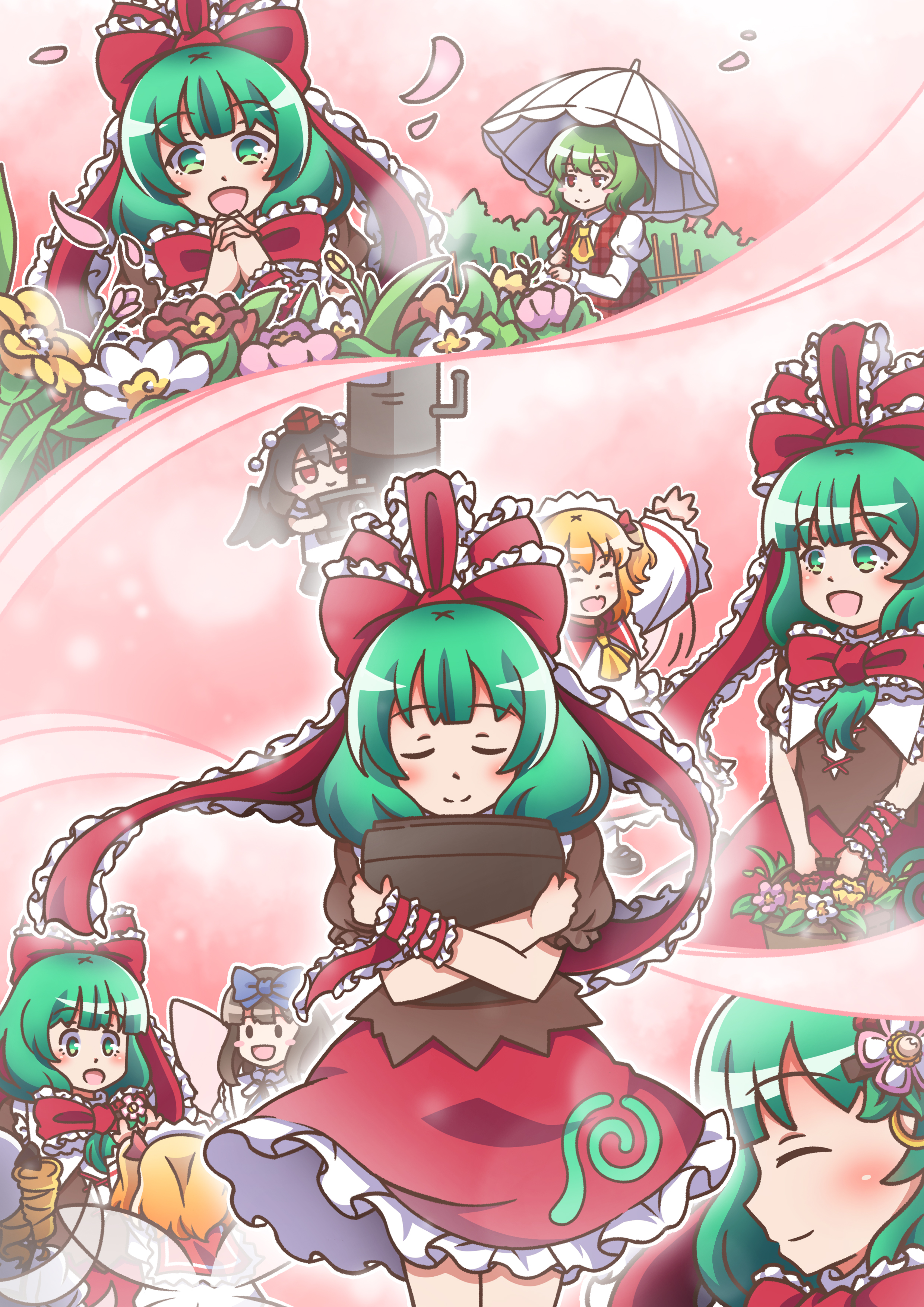 hayo (qudtjr4682), kagiyama hina, kazami yuuka, luna child, shameimaru aya, star sapphire, sunny milk, touhou, absurdres, highres, 5girls, 6+girls, blonde hair, bow, brown hair, camera, dress, fairy wings, flower, front ponytail, green eyes, green hair, holding, holding camera, holding umbrella, multiple girls, open mouth, red bow, red dress, red eyes, red ribbon, ribbon, shirt, smile, umbrella, white shirt, wings