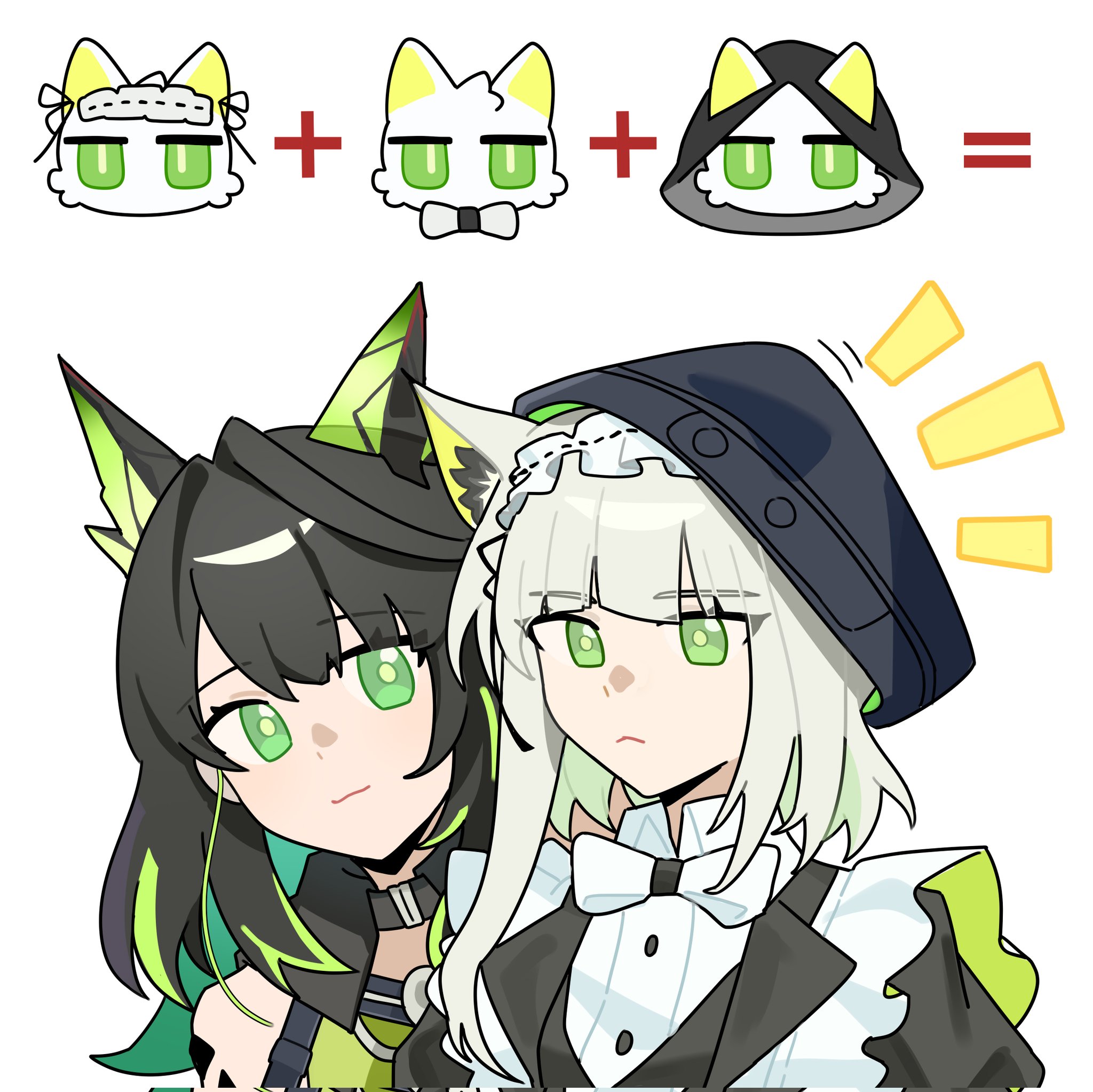 wwfo 2, infection monitor (arknights), kal'tsit (arknights), kal'tsit (the remains of time) (arknights), mon3tr (arknights), arknights, corrupted twitter file, highres, 2girls, animal ears, black hair, cat ears, cat girl, closed mouth, green eyes, green hair, headpat, multiple girls, simple background, upper body, white background