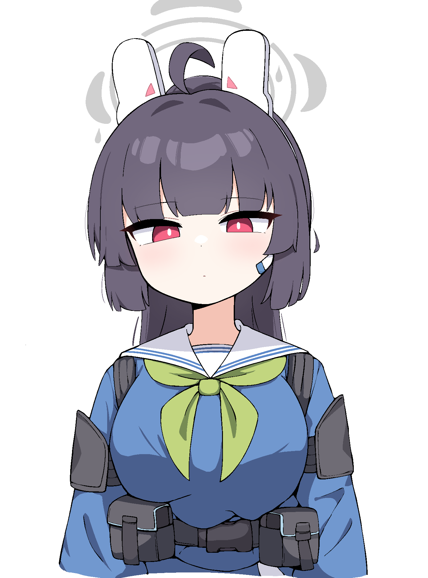 tagyeokgam, miyu (blue archive), blue archive, highres, 1girl, ahoge, alternate breast size (larger), animal ears, belt pouch, black hair, blue shirt, bright pupils, fake animal ears, green neckerchief, grey halo, halo, long hair, looking at viewer, neckerchief, pouch, rabbit ears, red eyes, shirt, simple background, solo, upper body, white background, white pupils