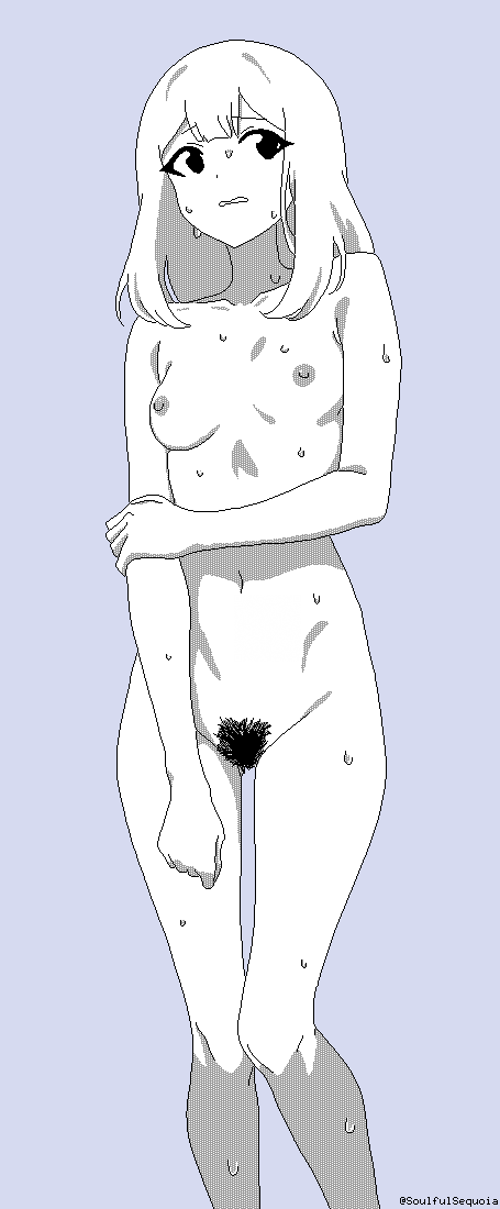 soulfull sequoia, original, 1girl, blue background, blunt bangs, breasts, collarbone, completely nude, double-parted bangs, embarrassed, feet out of frame, frown, hand on own elbow, lineart, long hair, looking to the side, monochrome, navel, nipples, nude, pixel art, pubic hair, simple background, small breasts, solo, standing, sweat, wavy mouth