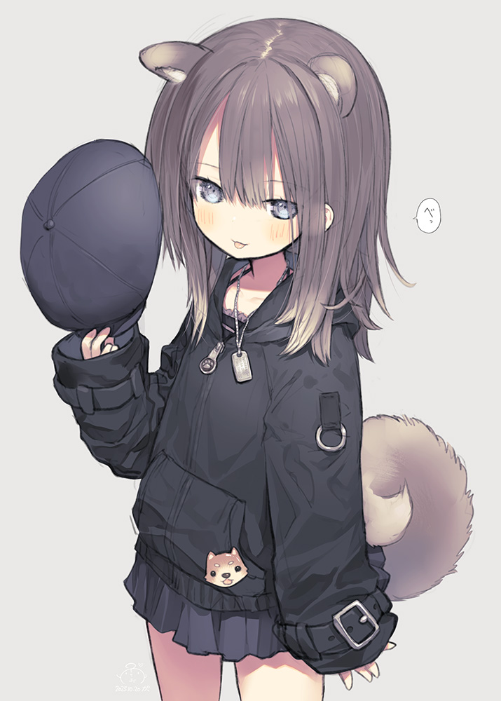 capriccio, original, commentary request, translation request, 1girl, :p, animal ears, black hat, black jacket, black skirt, blue eyes, blush, brown hair, closed mouth, cowboy shot, dog ears, dog girl, dog tail, grey background, hair between eyes, hand up, hat, holding, holding unworn clothes, holding unworn hat, hood, hood down, hooded jacket, jacket, long sleeves, newsboy cap, pleated skirt, simple background, skirt, sleeves past wrists, smile, solo, standing, tail, tongue, tongue out, unworn hat, unworn headwear