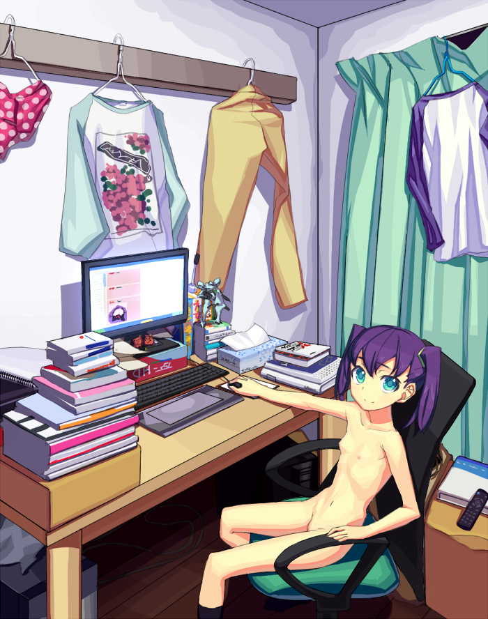 fondolger, 4chan, futaba channel, wacom, bad id, bad pixiv id, bad source, 1girl, at computer, blue eyes, breasts, casual nudity, chair, computer, computer keyboard, eye contact, female focus, flat chest, fondoler, indoors, loli, long hair, looking at another, narrow waist, nude, nude in front of computer, purple hair, room, roomscape, short twintails, sitting, small breasts, solo, twintails, uncensored