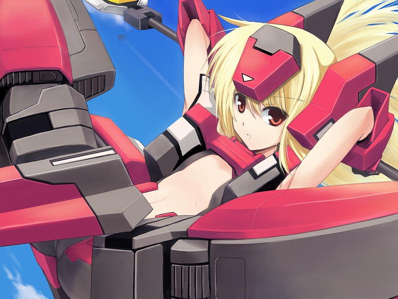 tora (huuunnji), tora (pixiv77049), crimrose, cosmic break, 1girl, armpits, blonde hair, brown eyes, day, female focus, flat chest, flying, headgear, loli, long hair, mecha musume, navel, red eyes, simple background, sky, solo, staff