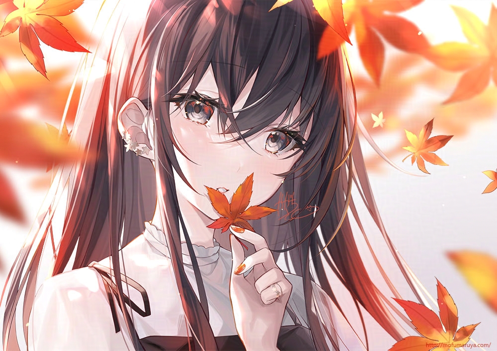 kagachi saku, original, 1girl, black dress, black hair, blurry, blurry foreground, blush, dress, ear flower, fingernails, grey eyes, hair between eyes, holding, holding leaf, jewelry, leaf, long hair, looking at viewer, maple leaf, orange nails, parted lips, ring, shirt, signature, sleeveless, sleeveless dress, solo, upper body, watermark, web address, white shirt