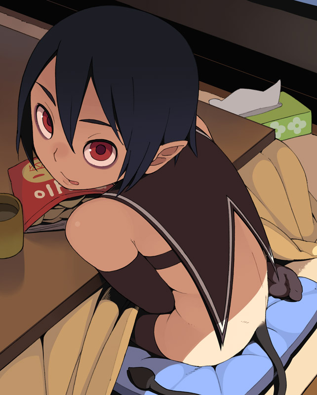 go robots, 1girl, androgynous, back, black hair, chips (food), demon girl, demon tail, elbow gloves, feet, female focus, food, gloves, kneeling, kotatsu, no panties, pointy ears, red eyes, reverse trap, short hair, sitting, solo, table, tail, thighhighs, tongue