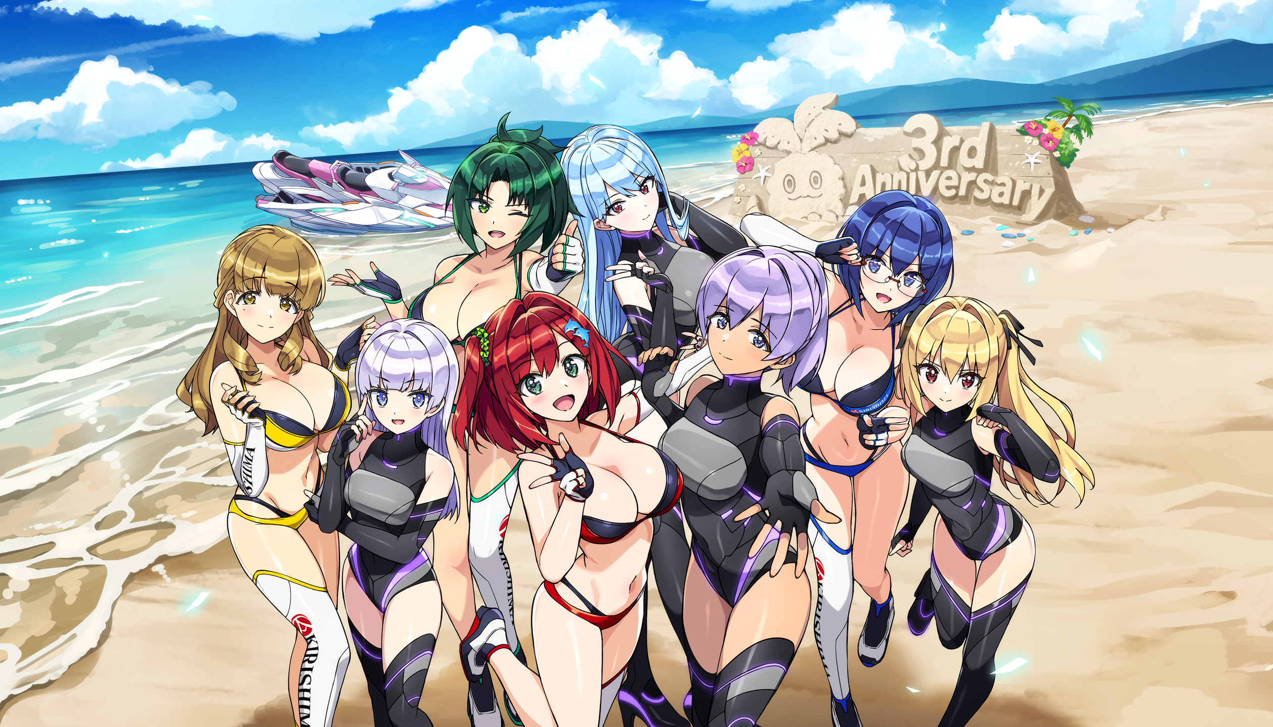 ootomo takuji, ayato utae, harunami anri, kazami ellen, nayuki hiori, sakimiya iruka, schnee weissberg, souma hayate, tojou michiru, dolphin wave, game cg, highres, non-web source, official art, 6+girls, anniversary, asymmetrical gloves, beach, bikini, black wetsuit, blonde hair, blue bikini, blue eyes, blue hair, breasts, cleavage, day, dolphin hair ornament, drill hair, drill sidelocks, elbow gloves, framed breasts, gloves, green bikini, green scrunchie, hair ornament, hair scrunchie, highleg, highleg leotard, hime cut, jet ski, kazami uniform, kirishima uniform, kneehighs, large breasts, layered bikini, leotard, looking at viewer, medium breasts, mole, mole under eye, multiple girls, neon trim, ocean, official alternate costume, one side up, open jumpsuit, ponytail, purple hair, racing suit, reaching, reaching towards viewer, red bikini, red eyes, red hair, scrunchie, sidelocks, single elbow glove, single kneehigh, single sock, small breasts, socks, sparkle, sparkling aura, swimsuit, twintails, uneven gloves, watercraft, yellow bikini