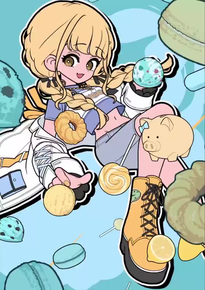 arimoto wataru, fujita kotone, gakuen idolmaster, idolmaster, animated, tagme, video, 1girl, blonde hair, braid, crop top, food, macaron, navel, solo, twin braids